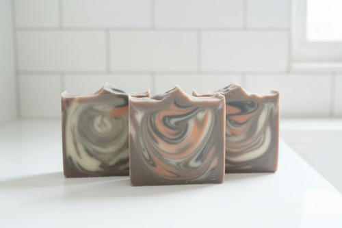 three bars of soap with swirls of copper, black and white on a white surface