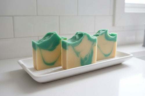 three green and white marbled soap bars on a white tray