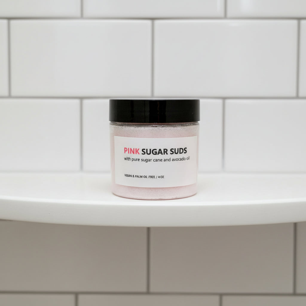 Jar of 'Pink Sugar Suds' on a white background