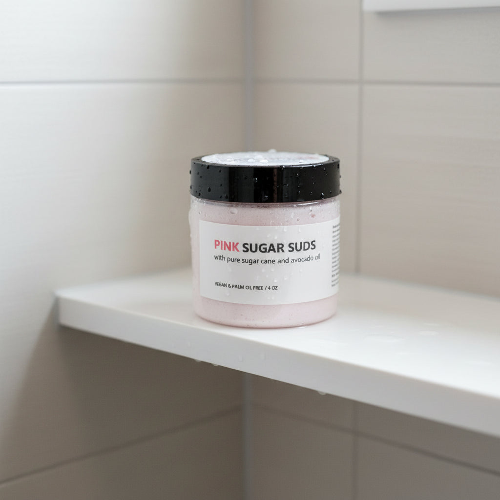 Jar of 'Pink Sugar Suds' on a white background