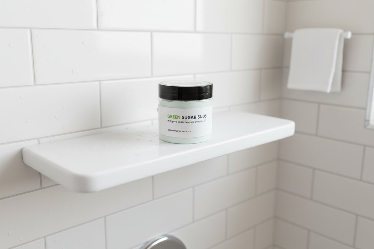 Jar of 'Green Sugar Suds' on a white surface with a neutral background