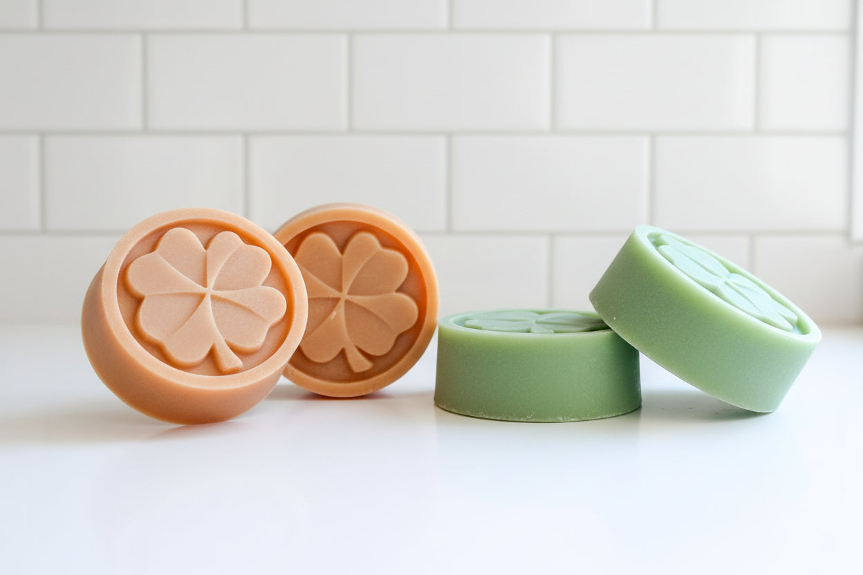 Four soap bars with four-leaf clover designs on a white surface