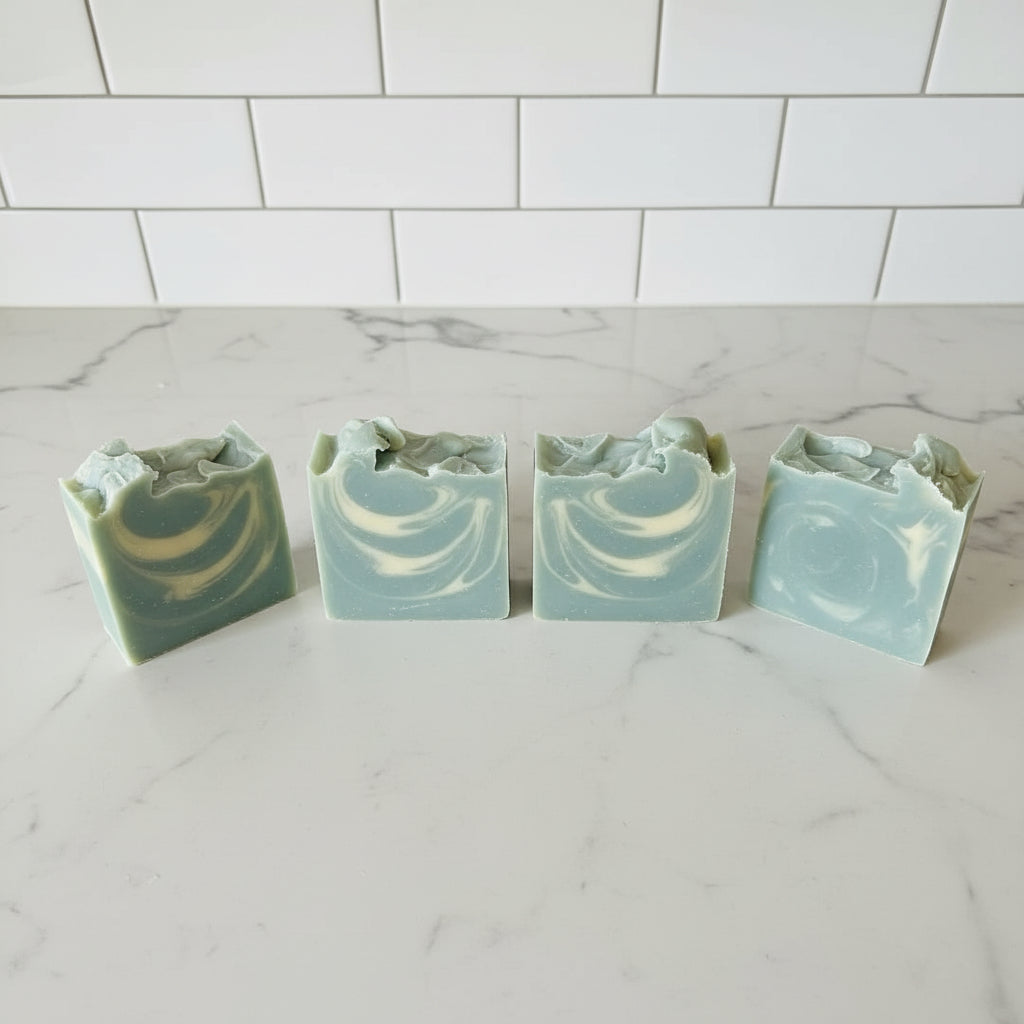 four bar soap with blue and white swirl on a white surface