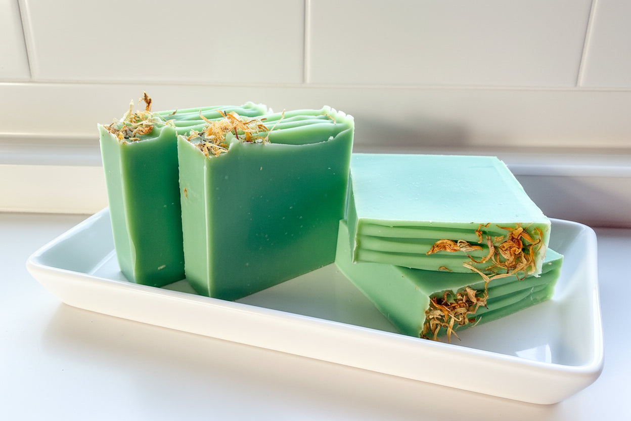 Green soap bars with floral elements on a white tray