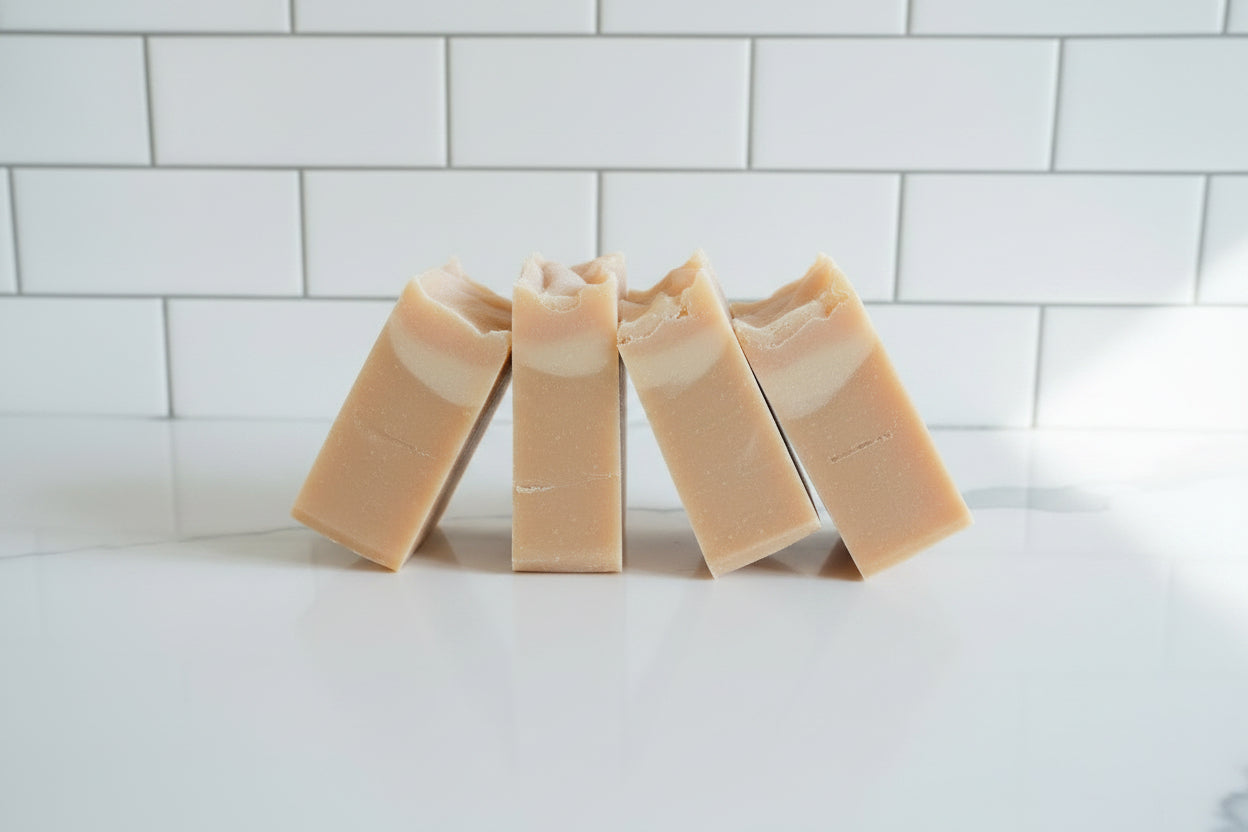 four peach colored bar soaps on a white surface