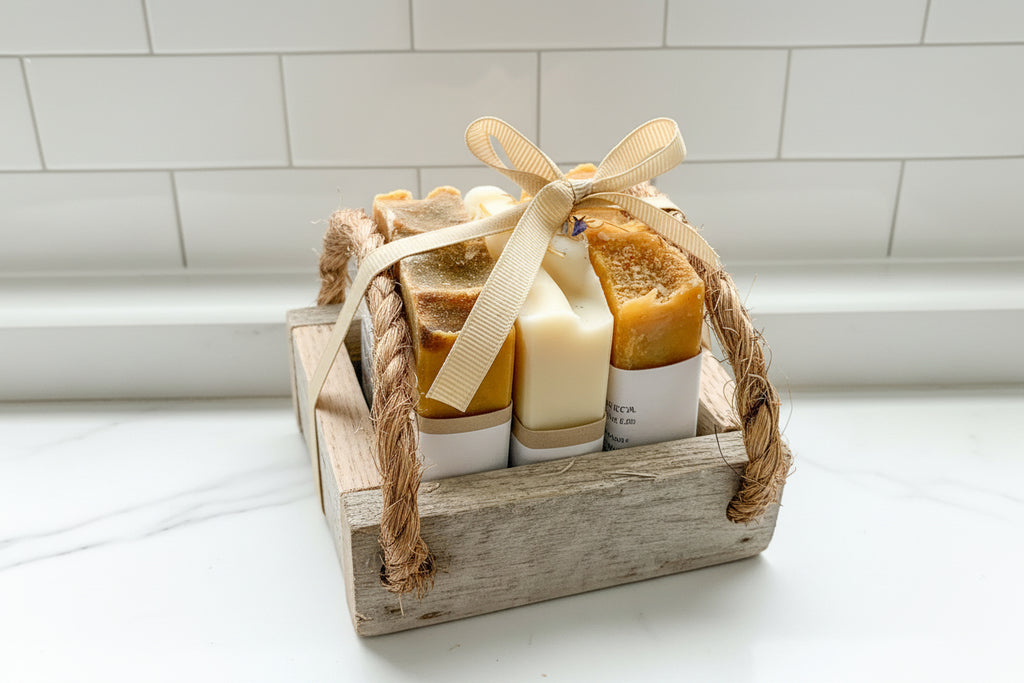 Gift basket with three soap bars and a wooden crate on a white surface
