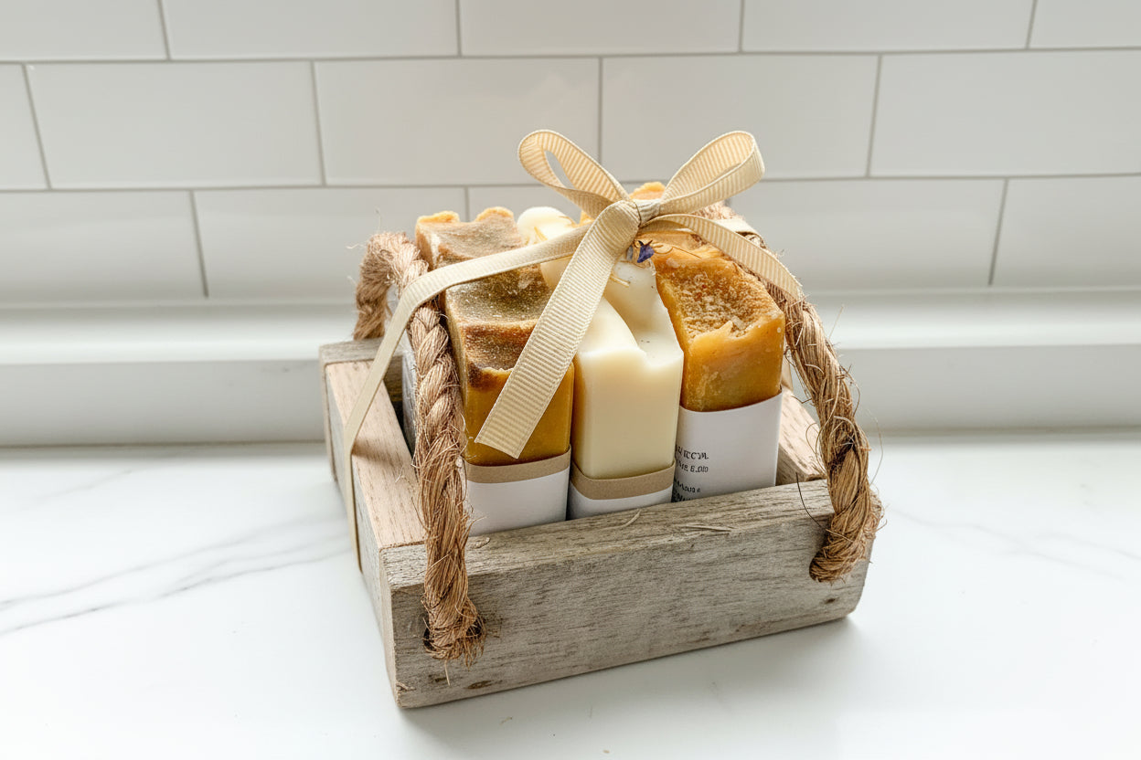 Gift basket with three soap bars and a wooden crate on a white surface