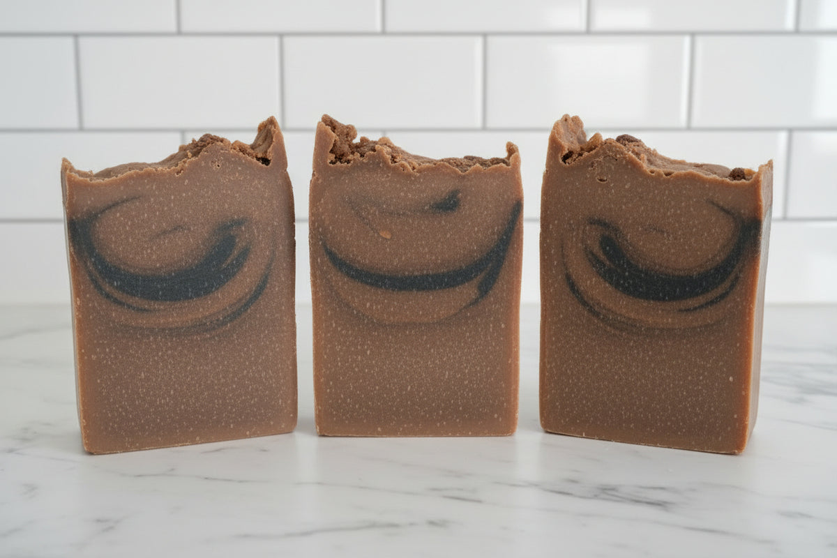 3 brown soaps with black swirls on a white surface