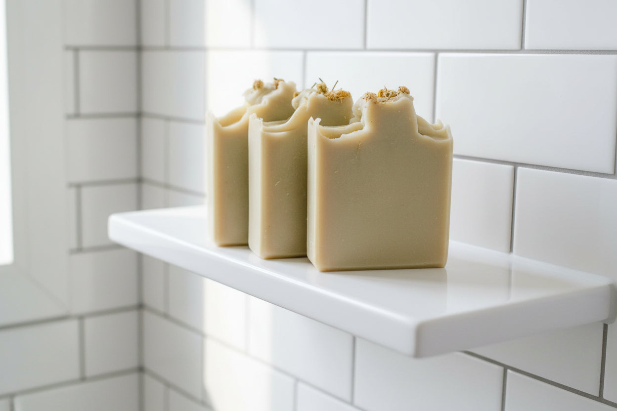 Four bars of greenish soap with dried flower pieces on a white shelf