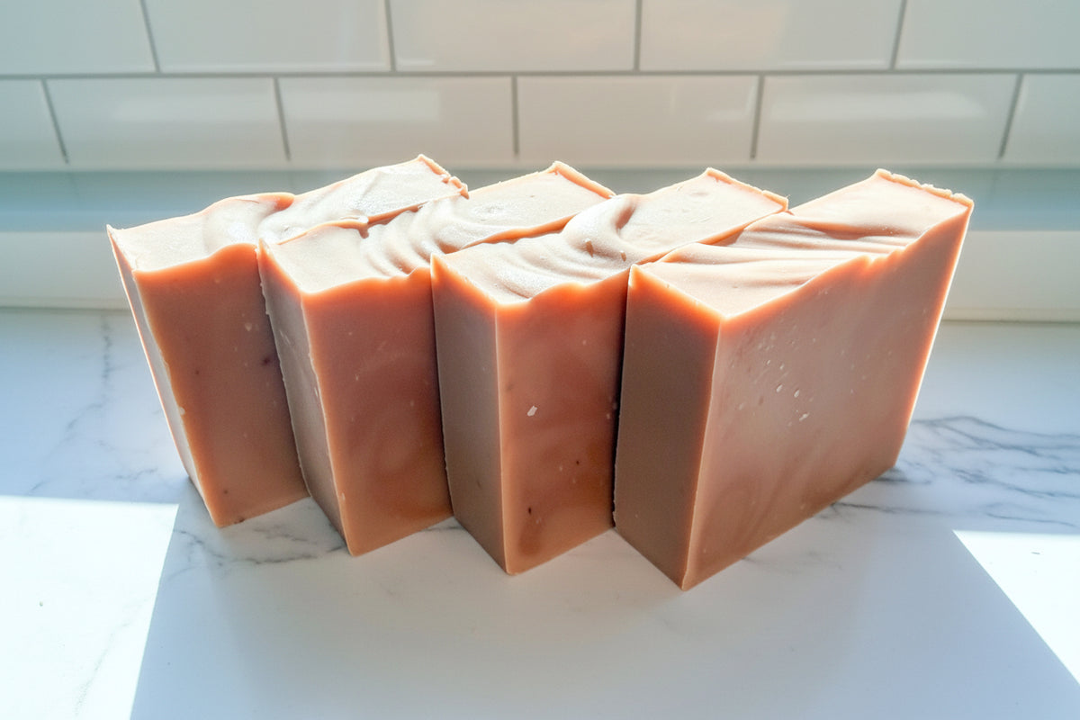 4 bar soaps on a white surface with brownish orange coloring
