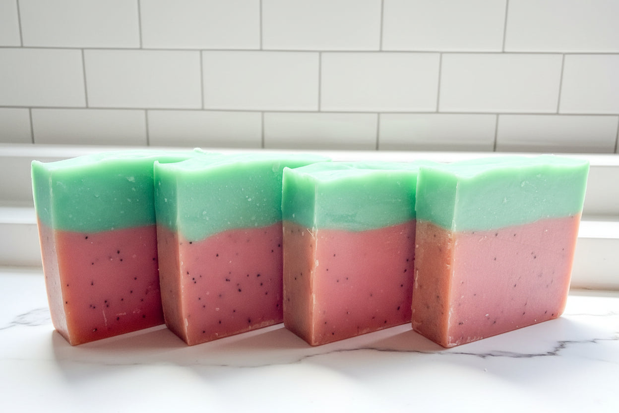four bar soap with pink and green to mimmick a watermelon with poppyseeds for exfoliation