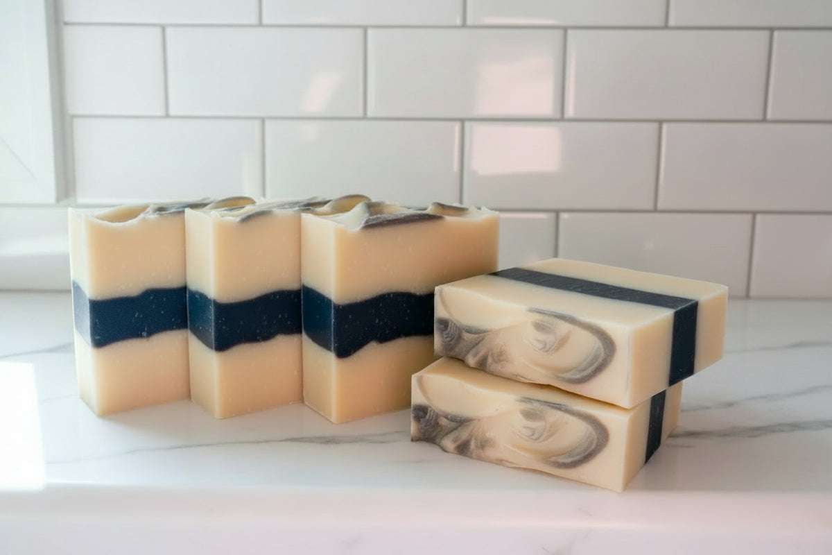 5 black and white striped bars on a white surface. this bar soap glows in the dark when activated by sunlight