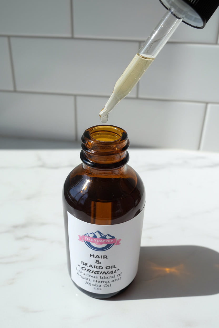 A close-up of an amber glass bottle with a white label, shown with a white dropper dispensing a liquid into the bottle. The label text is partially visible, showing the brand 'Hair & Beard Oil'.