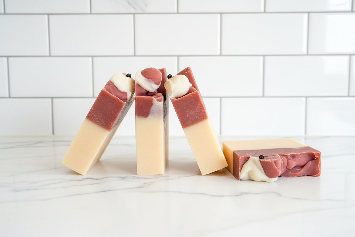 Four layered rectangular bars of soap standing upright on a white surface near a window. Each bar has a pale cream lower section, a darker dusty rose-pink middle section, and a white decorative swirl on top.